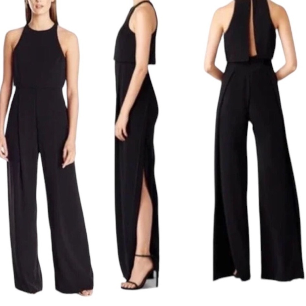 Jill Stuart Popover Jumpsuit Size 0 Black Wide Leg Split Leg Cut Out Back